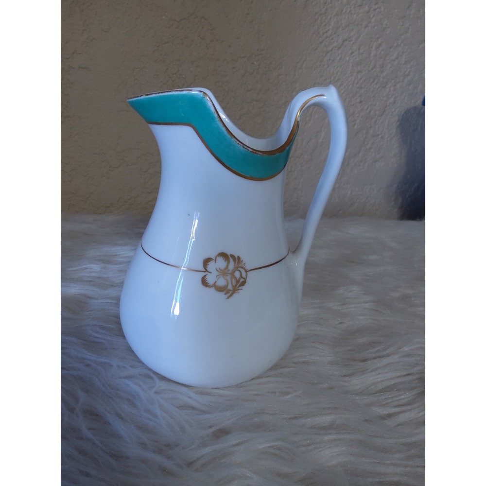 Antique French Porcelain Creamer Pitcher Teal Gold Gilt Floral White Ceramic